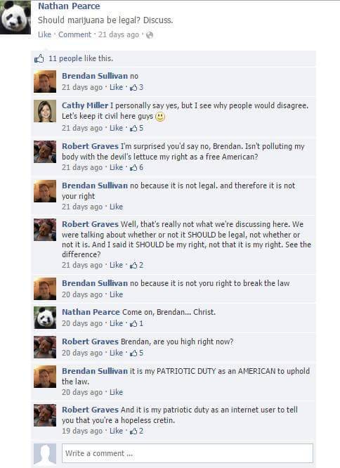 rayredspider:  These exchanges between a bigot named Brendan Sullivan, and a heroic troll named Robert Graves, will be the best thing you read all day, I promise.   This is the whole Donald Trump fandom succinctly wrapped up in one idiotic Facebook user