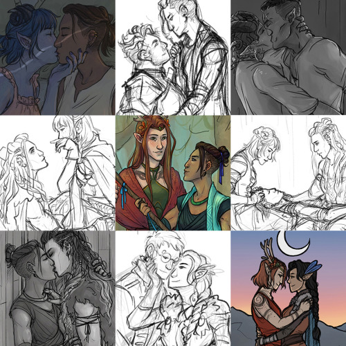 [ID: a square grid collage of 18 drawings of different critical role ships, alternately sketches and