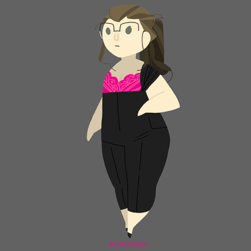 [Description: A cartoon of myself in a black jumpsuit with pink trim around the top front.]