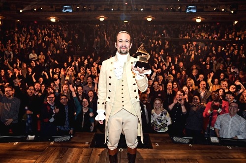 nathanielbarton:  Composer, actor Lin-Manuel Miranda celebrates Hamilton’s win as the Best Musical T