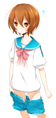 boyslovedresses:  (via Gelbooru- Image View - 1boy akane (goma) blush brown hair goma (11zihisin) highres necktie open mouth original ribbon sailor short hair shorts simple background solo standing trap undressing white background yellow eyes | 1610660)