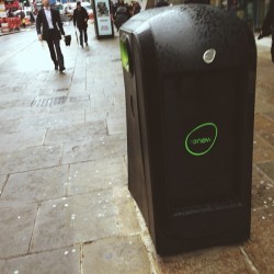 A handy reminder from the street bin to &lsquo;renew&rsquo;, because we need more energy&hellip; to power our digital bins #london