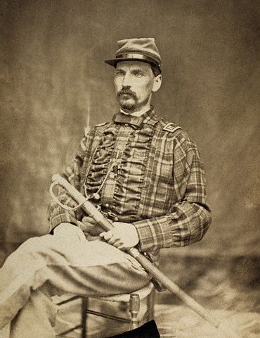 A Scottish Confederate captain with homemade ruffled plaid shirt, American Civil War.