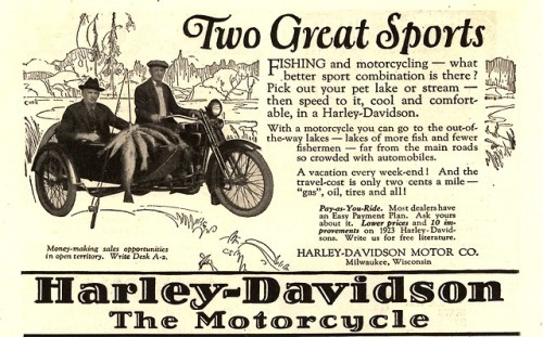 Harley Davidson ad from 1923. Go fishing with it!