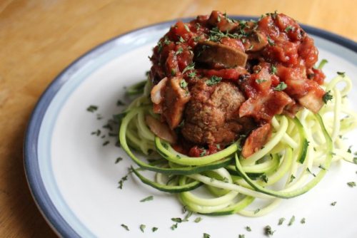 Lentil Quinoa Meatball Bolognese and Zucchini Noodles