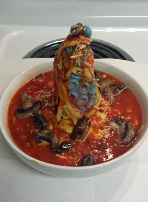 Today’s dish: Pasta with mozzarella strips, marinara/salsa sauce, fried mushrooms, a touch of 