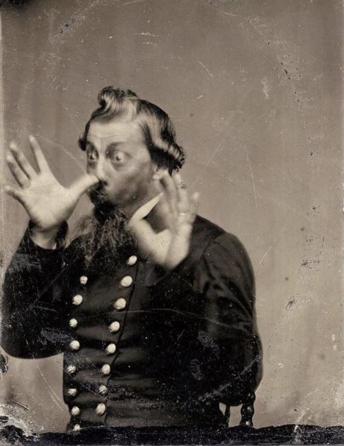 blondebrainpower:Union soldier goofing around, 1862
