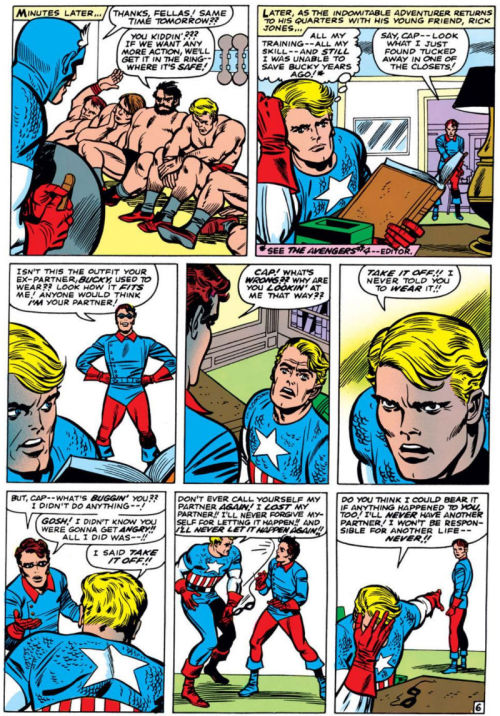 A very strange moment from early Avengers. Rick Jones, apparently oblivious to Cap’s guilt and