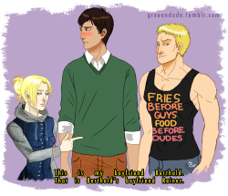  High school AU where everything’s the same except they all dress like hipsters and Annie is more expressive. Reiner’s shirt is a legit thing btw. Based on this post 