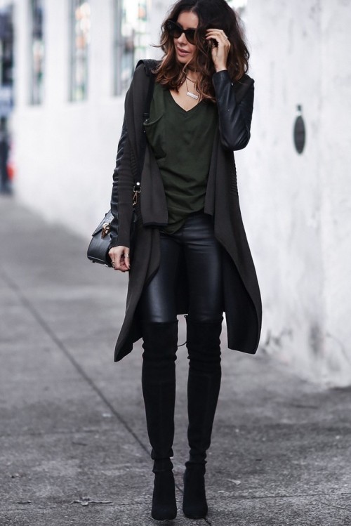 fashion-clue: justthedesign: Erica Hoida is wearing a free flowing draped black cardigan, a green je