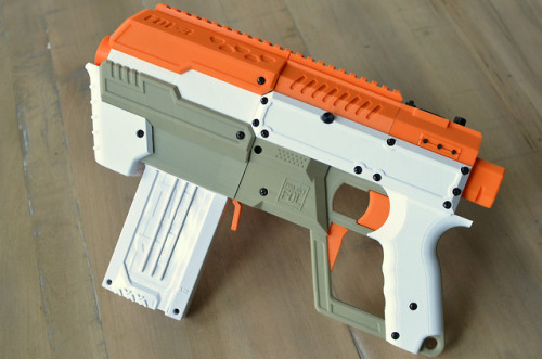 FDL-3 by Project FDLThis is a fully 3D-printed blaster that fires standard .50-caliber Nerf (or equi