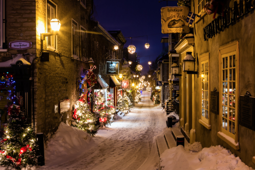 prewars:quebec city’s petit champlain neighbourhood at christmas. established in 1608, it is the old