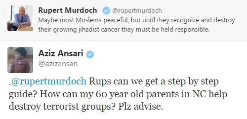 :  Aziz Ansari responds to Rupert Murdoch - Jan, 11, 2015  AZIZ 
