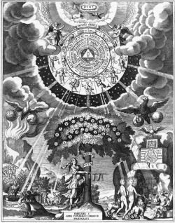 chaosophia218:Wolfgang Killian - The Alchemical Tree of Life standing under the Influences of the Heavens, “Avre Potabilis Chimice Preparati”, 17th century.