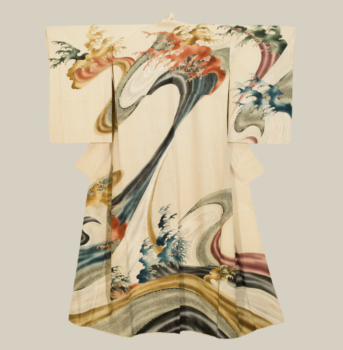 A chirimen silk kimono featuring painting and yuzen dynamic wave motifs.  Early Showa Period (1927-1