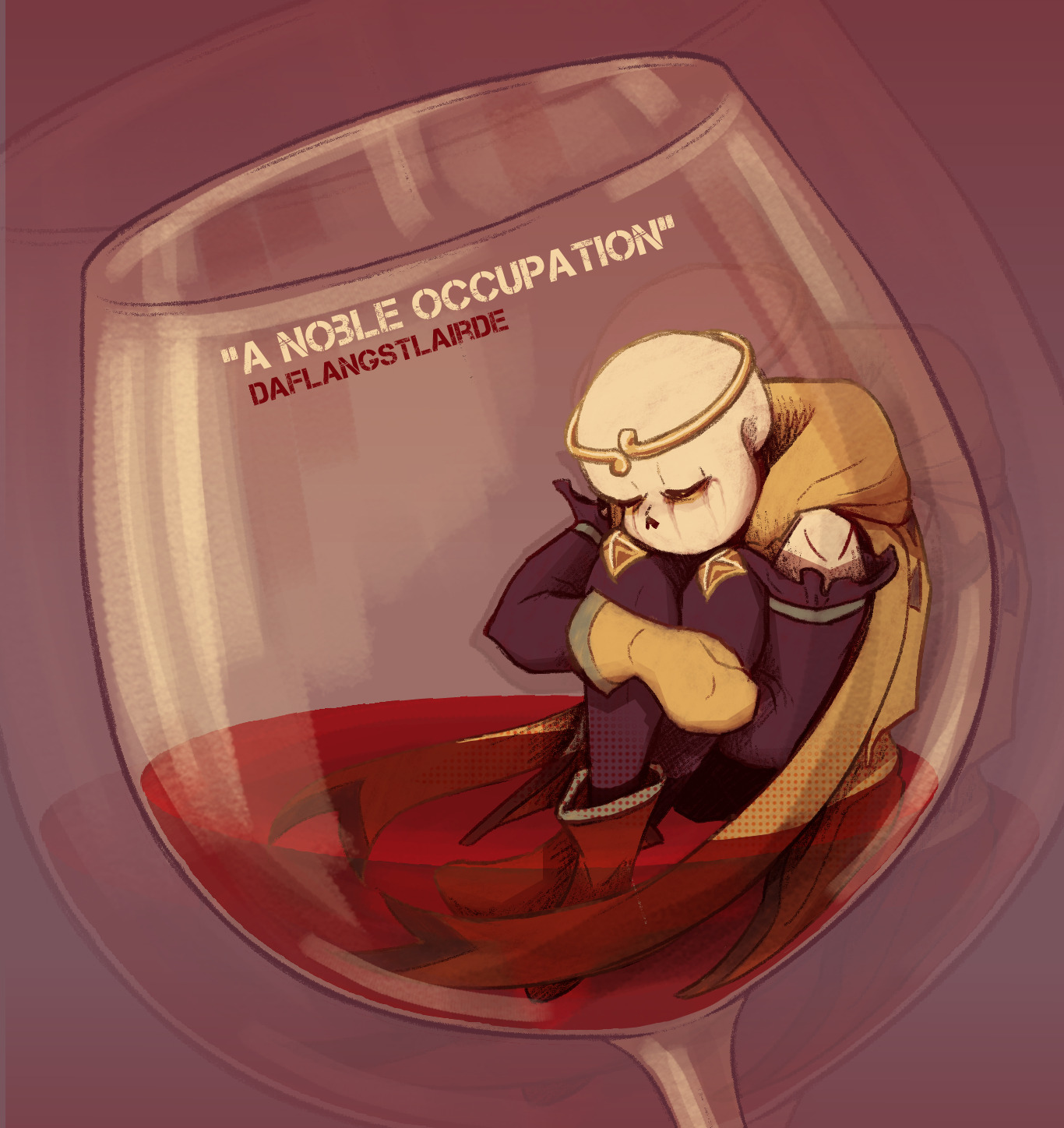 Image description: fanart based on the fanfic. Dream Sans sits curled up with his knees to his chest, inside a very large wine glass. He's sitting in a pool of red wine, and there's tear tracks on his face that resemble the liquid as well.