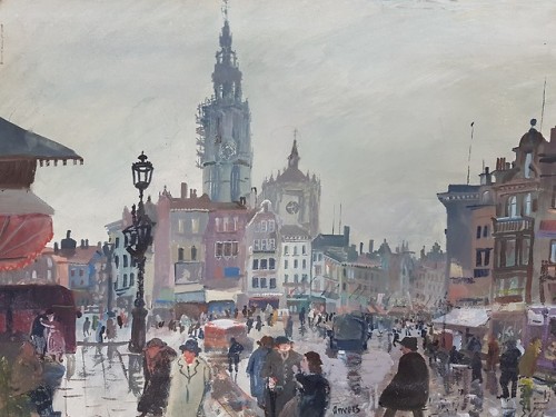 The Antwerp Suikerrui on a rainy day in the 30s   -   Oskar LaskeAustrian, 1874–1951Watercolour , go