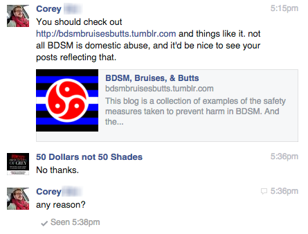 This is the conversation I had with the antiporn-activist facebook page for #50dollarsnot50shades. (
