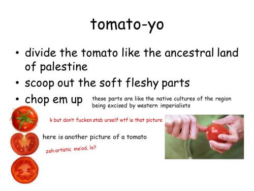 zaatarwitholives:somedumbindiething:how to make Israeli-Palestinian conflict salad: a PowerPoint gui