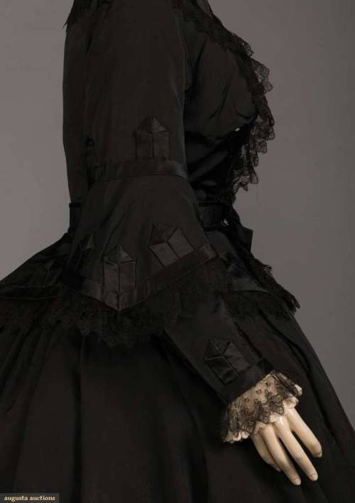 BLACK SILK MOURNING ENSEMBLE, 18601-pc black silk faille dress with band collar, hook &amp; eye 