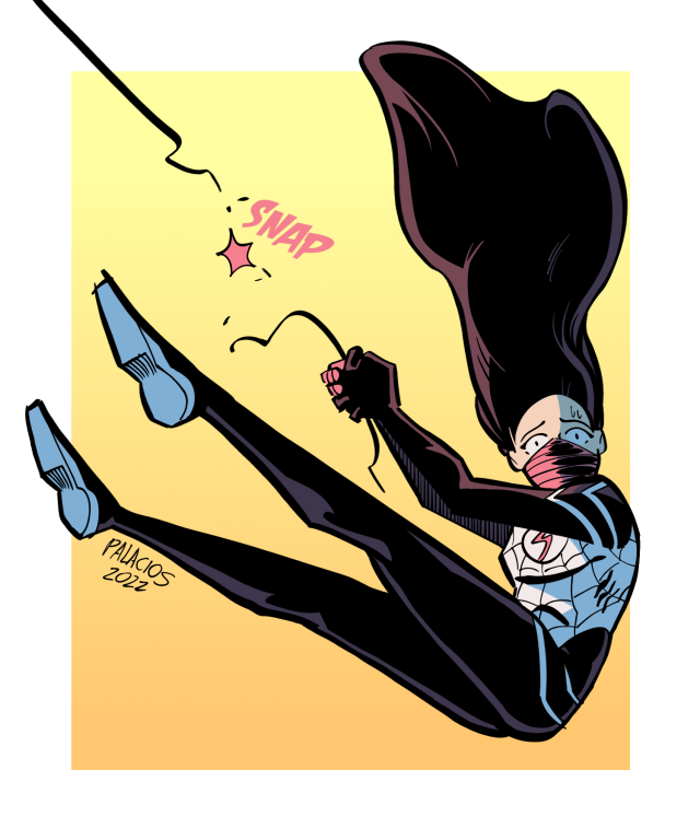 Color drawing of Marvel superhero Silk holding onto a web that has just snapped. She looks at the viewer with a comically worried expression.