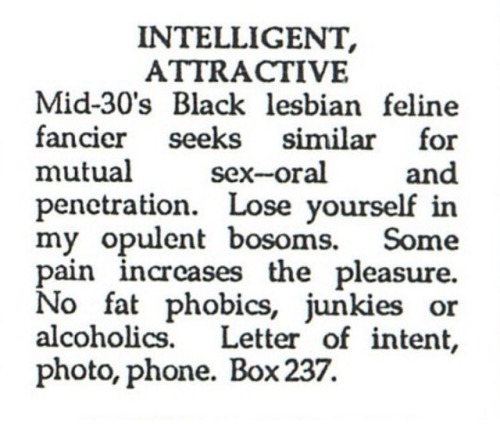 FELINE FANCIER#opulentbosoms #OnOurBacks personal ad. 1987. #blacklesbian #felinefancier #onourbacks