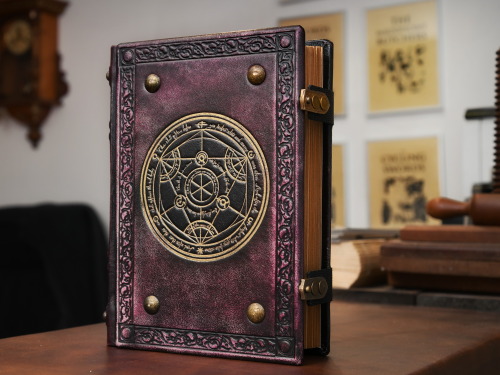 Alchemy leather journal with the transmutation circle tinted in purple…