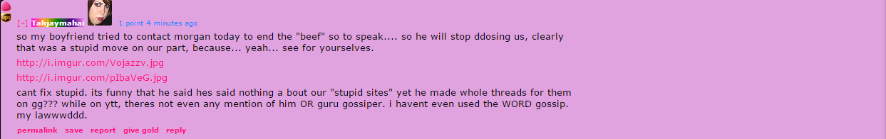 more info on the ddos situation posted by taj on reddit, and morgan’s response to her/her boyfriend