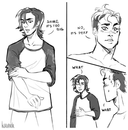 commodorecliche:koriandr-art:discovering shiro’s kinks 3…2.. *keith wearing HIS clothes