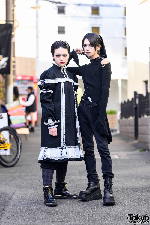 Daiki and Leo on the street in Harajuku wearing gothic Japanese styles including a handmade dress an