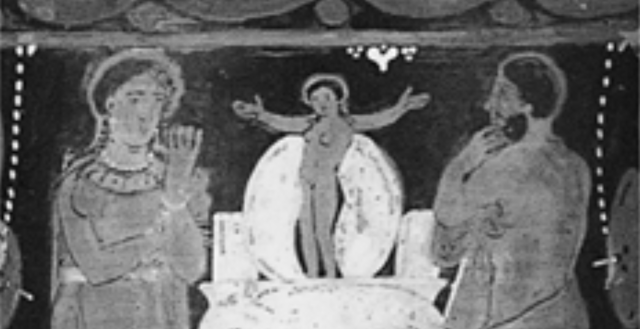 A black and white photo of an ancient Greek red figure vase depicting Helen, small but fully formed, standing with her arms raised between two halves of an egg shell. On either side of her are a full sized woman and a full sized man.