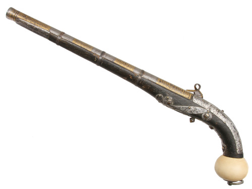 Gold inlaid, silver mounted miquelet pistol with ivory ball butt, The Caucasus, 19th century.from He