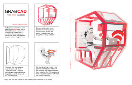 This was my entry for Grabcad.com’s design challenge for a sound-proof office phone booth that accom