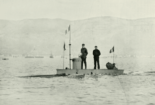 1902 photograph of the French submarine Gymnote. The submarine was initially constructed in 1888, wi