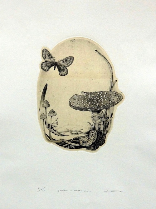 iamjapanese: NEMOTO Kana（根本佳奈  Japanese, b.1984） garden-mushroom-  2012  etching