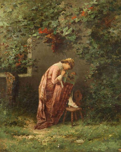 Henri Langerock (1830–1915)Jeune femme avec cage d'oiseau au parc