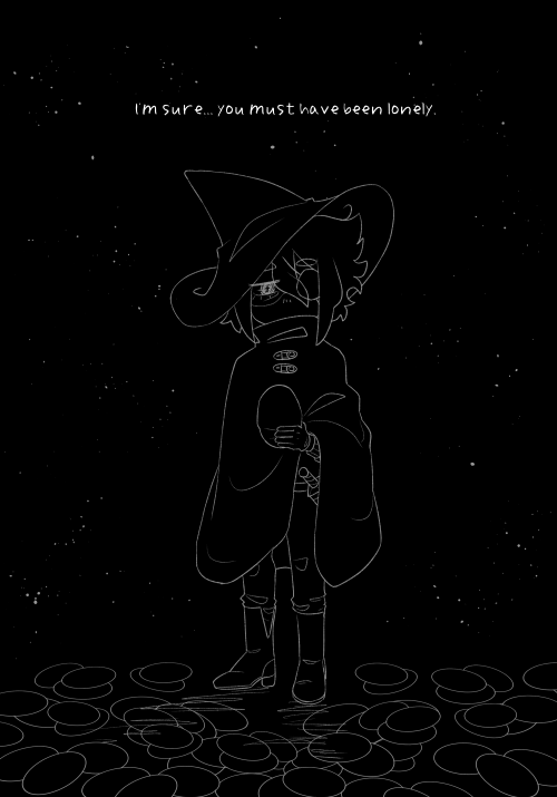 a black and white drawing of siffrin standing alone, countless pictures on the ground under his feet. he stares down at a picture in his hand, expression dark. dialogue reads:  odile: "I'm sure... you must have been lonely."