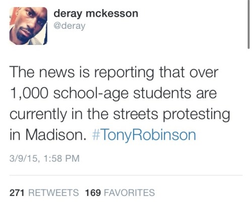 krxs10:Nearly 2,000 People Are Currently Protesting Fatal Police Shooting Of Tony Robinson In Wisconsin.Almost 2,000 students marched in Madison, Wisconsin on Monday to protest the fatal police shooting of an unarmed biracial teenager, while his family