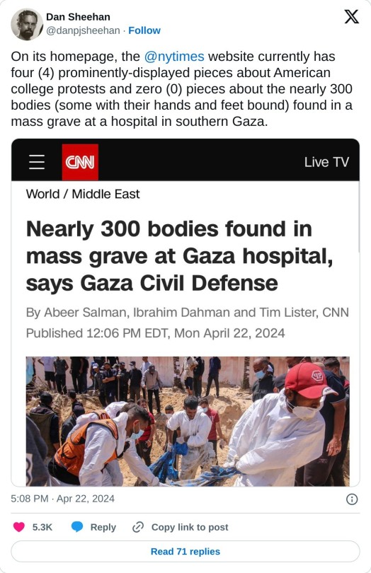 On its homepage, the @nytimes website currently has four (4) prominently-displayed pieces about American college protests and zero (0) pieces about the nearly 300 bodies (some with their hands and feet bound) found in a mass grave at a hospital in southern Gaza. pic.twitter.com/IrmARD5LJr  — Dan Sheehan (@danpjsheehan) April 22, 2024