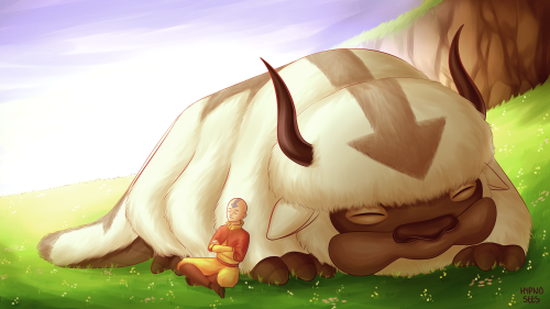 aang and appa taking an afternoon nap 