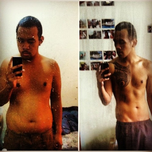 Before and after progress pic after 12 months. From 102kgs down to 77kgs. Now time to build more mus