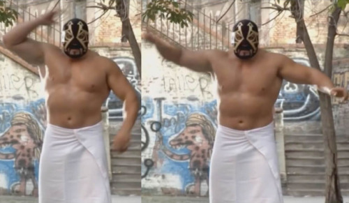 Lucha Libre wrestler, La Masa, in a pec bouncing scene from 100% Lucha: El Amo De Los Clones. [sourc