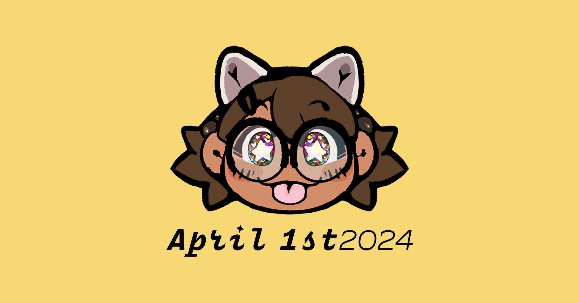 A banner with boba-tan (the FujoVerse mascot) below the text April 1st, 2024. She is sticking her tongue out and has stars in her eyes. Below her is the text "fujocoded", with "fujo" written in an italic monospace font, and "coded" with a more classic monospace. The j has a sparkle on top. On the bottom is a lemon-shaped logo, with a bite taken out of it like the apple logo.  The background is yellow.