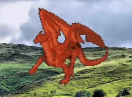 a gif of a 3d red dragon walking overlayed across a still jpeg of some grassy hills