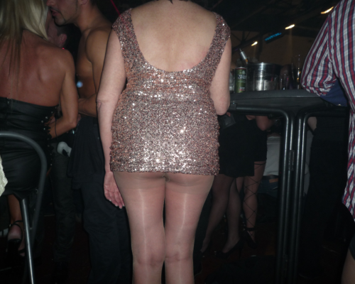 pantyhosestuff: It was a crowded party and she did not realize that her dress was too short…