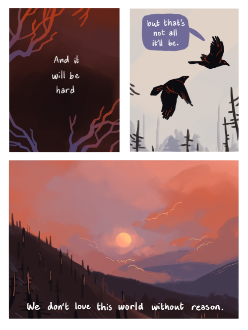 notwhelmedyet:catadromously:reasons.[image description: A webcomic. Two black birds fly over a hazy 