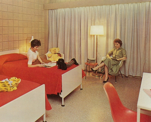 Women reading in a college dorm room, 1950s