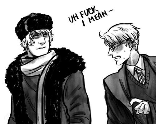 cidershark:  american transfer student alfred f. jones accidentally flirts with durmstrang student ivan braginsky 