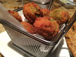 sexymeals:  Fried Stuffed Olives with Duck Confit and Goat Cheese [2448 x 1846][OC]