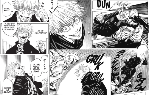 Ch 74 Pgs 10-11 & 13 (Gojo losing it on Toji.)
Ch 85 Pgs 10-11 & 16 (Gojo losing it on Hanami.)